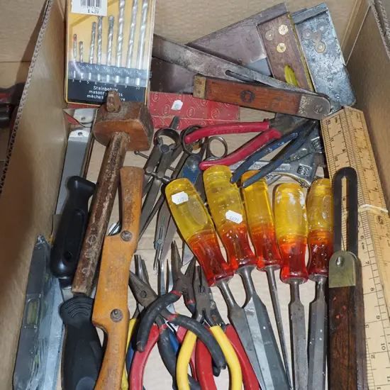 box; builder's square, chisels, pliers etc