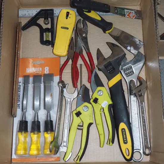 box; adjustable crescents, secateurs, chisels etc