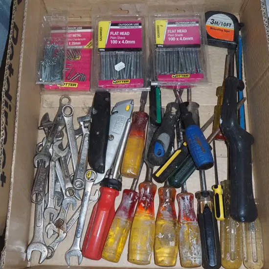 box; open end ring spanners, chisels, nails etc
