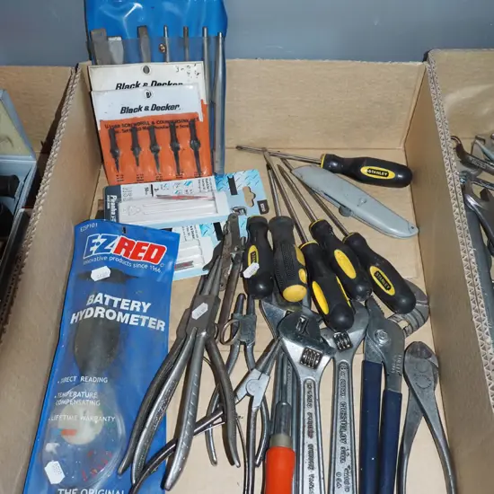 box; crescents, punch chisel set, screwdrivers etc