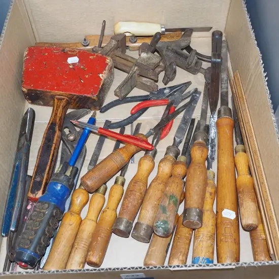box; chisels, tin snips, wooden mallet etc