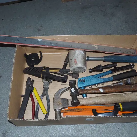 box; hammers, pliers, riveter etc