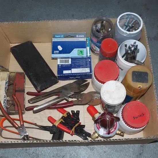box; ring spanners, staples, cutting pliers etc