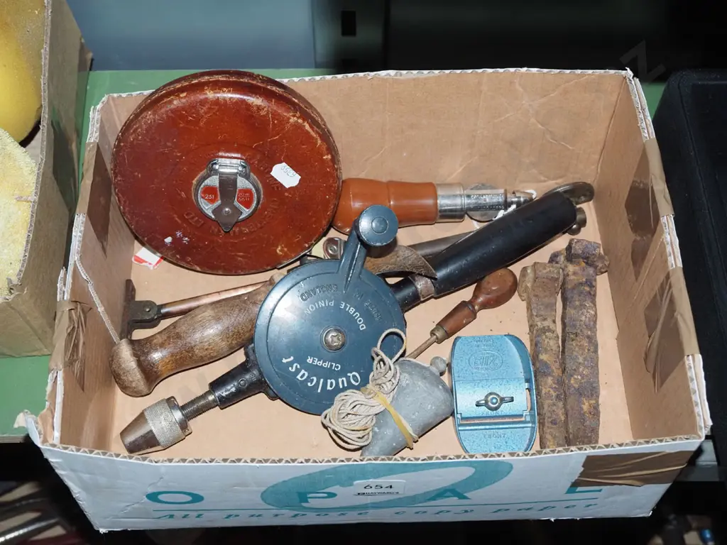 box; egg beater drill, builder's tape, plumb bob etc Image 1++