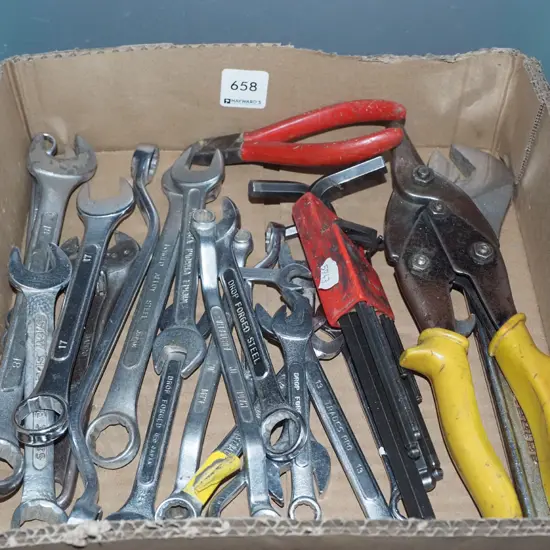 box; tin snips, pliers, ring spanners