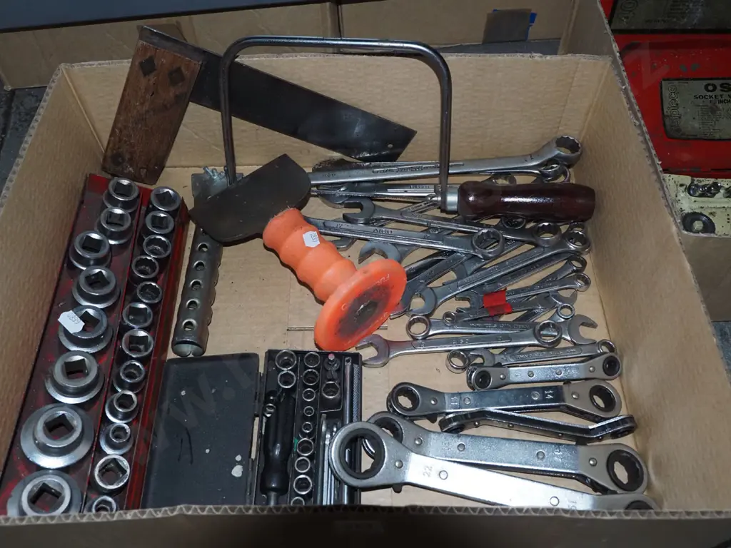 box; socket sets, spanners, cold chisel etc Image 1++