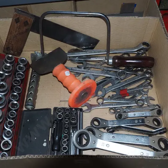 box; socket sets, spanners, cold chisel etc