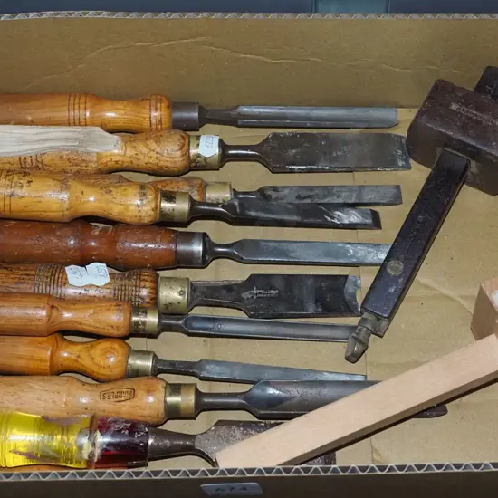 box; woodworker's marker gauges, chisels