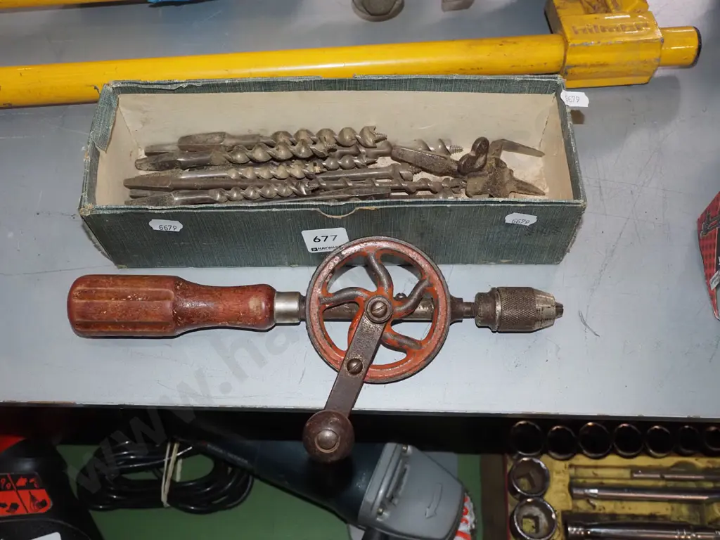 box; vintage egg beater drill, auger bits Image 1++