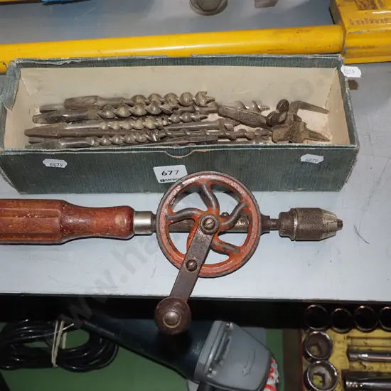 box; vintage egg beater drill, auger bits