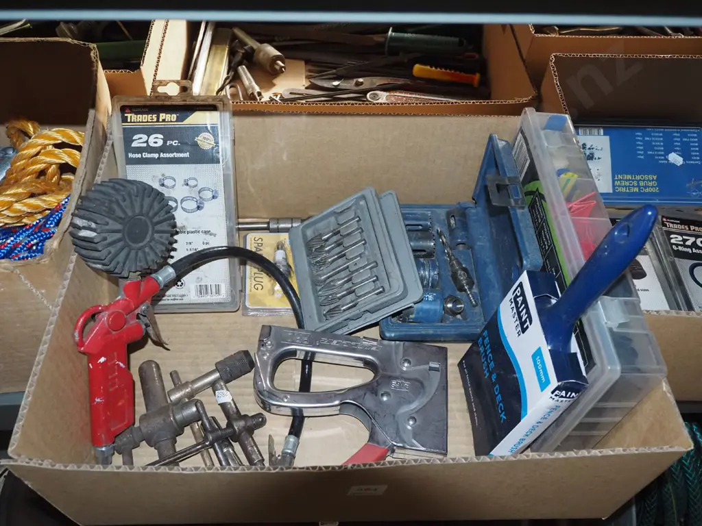 box; hole saw, hose clamps, staple gun etc Image 1++