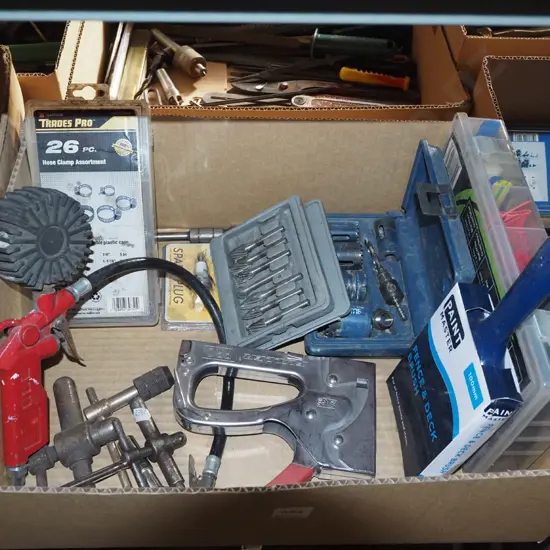 box; hole saw, hose clamps, staple gun etc