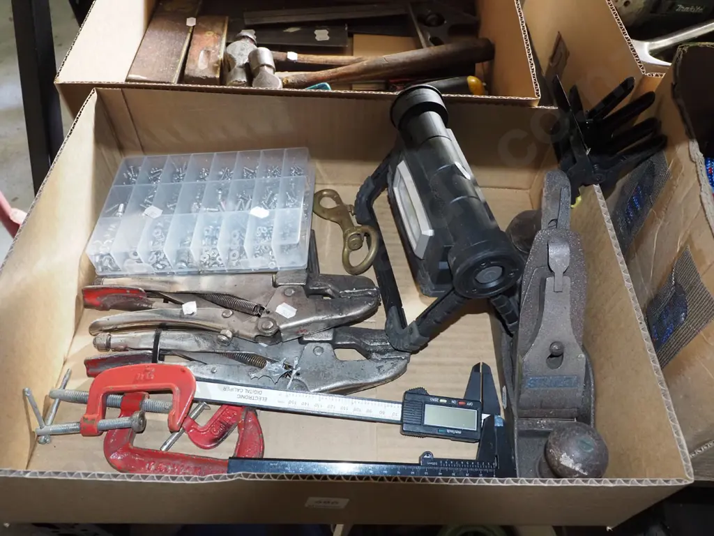 box; vernier calipers, vice grips, hand plane etc Image 1++
