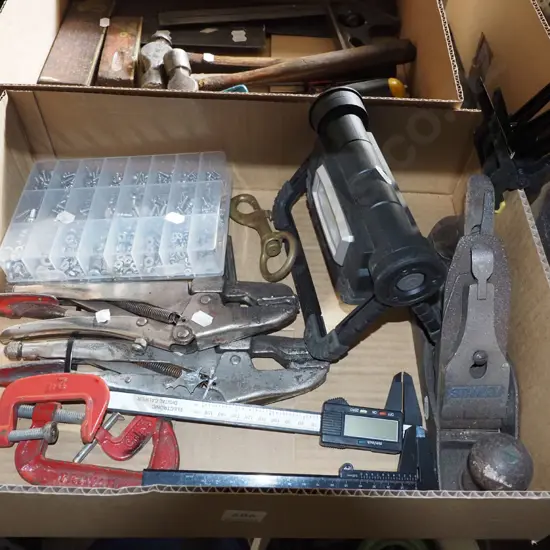 box; vernier calipers, vice grips, hand plane etc