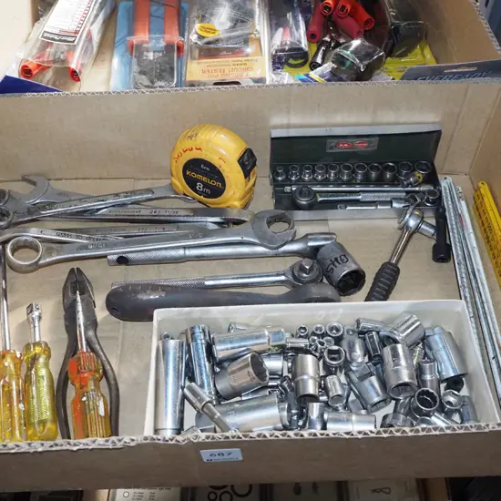 box; ratchets, sockets, builder's rules etc