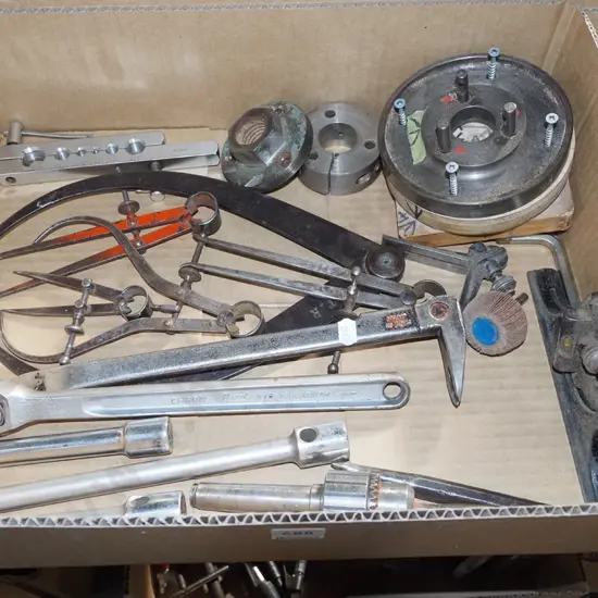 box; ratchet, calipers, small wrecking bar etc