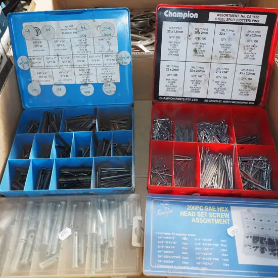 box; R pins, tension pins etc