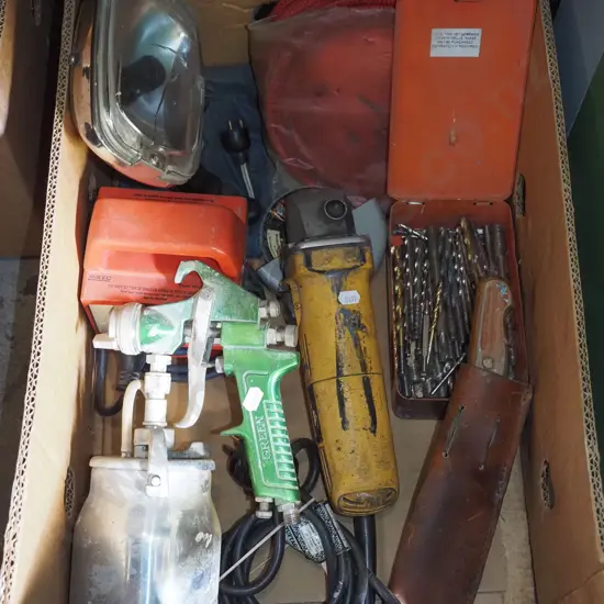 box; drill bits, angle grinder, paint sprayer gun etc
