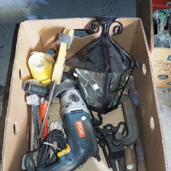 box; drill, G clamps, light fitting etc