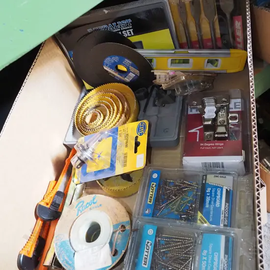 box; hole saws, spade bits etc