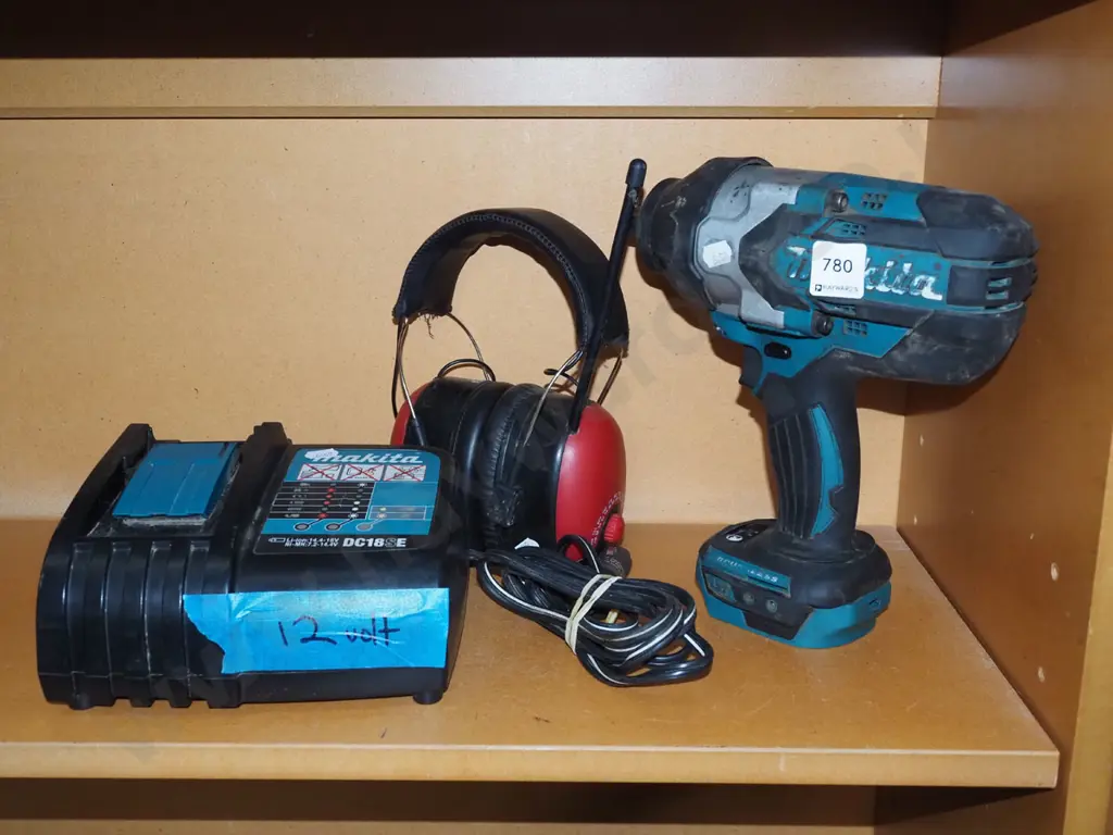 Makita rattle gun, 12V battery charger, radio ear muffs Image 1++