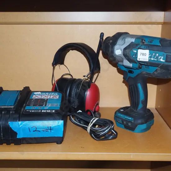 Makita rattle gun, 12V battery charger, radio ear muffs