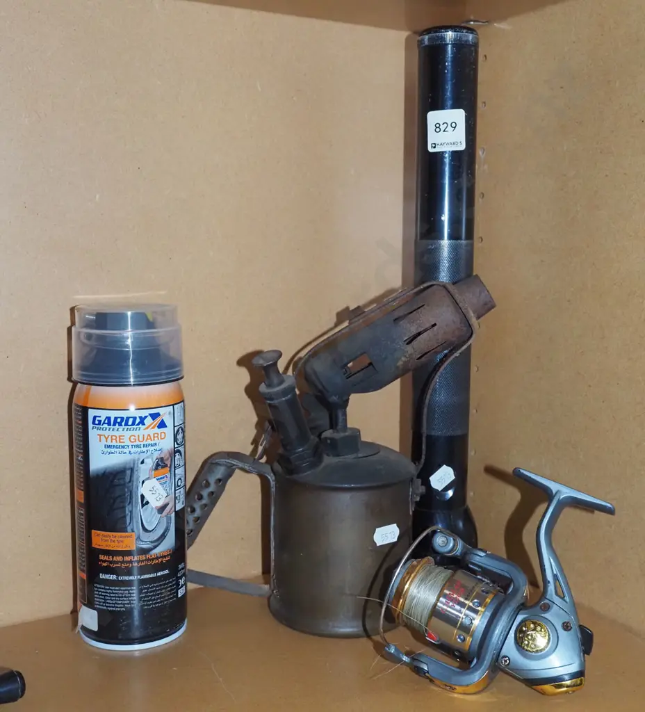 mag light, tyre guard, brass blow torch, fishing reel Image 1++