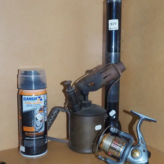 mag light, tyre guard, brass blow torch, fishing reel