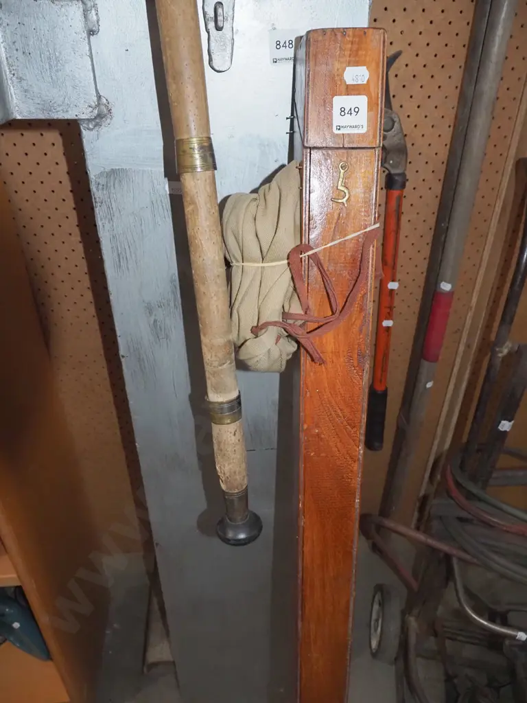 vintage fishing rod with canvas cover and wooden carry box Image 1++