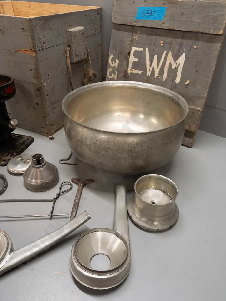 vintage Alfa-Laval cream separator setup in fiitted wooden crate, with assorted parts, instruction booklet, Crate with Image 1++