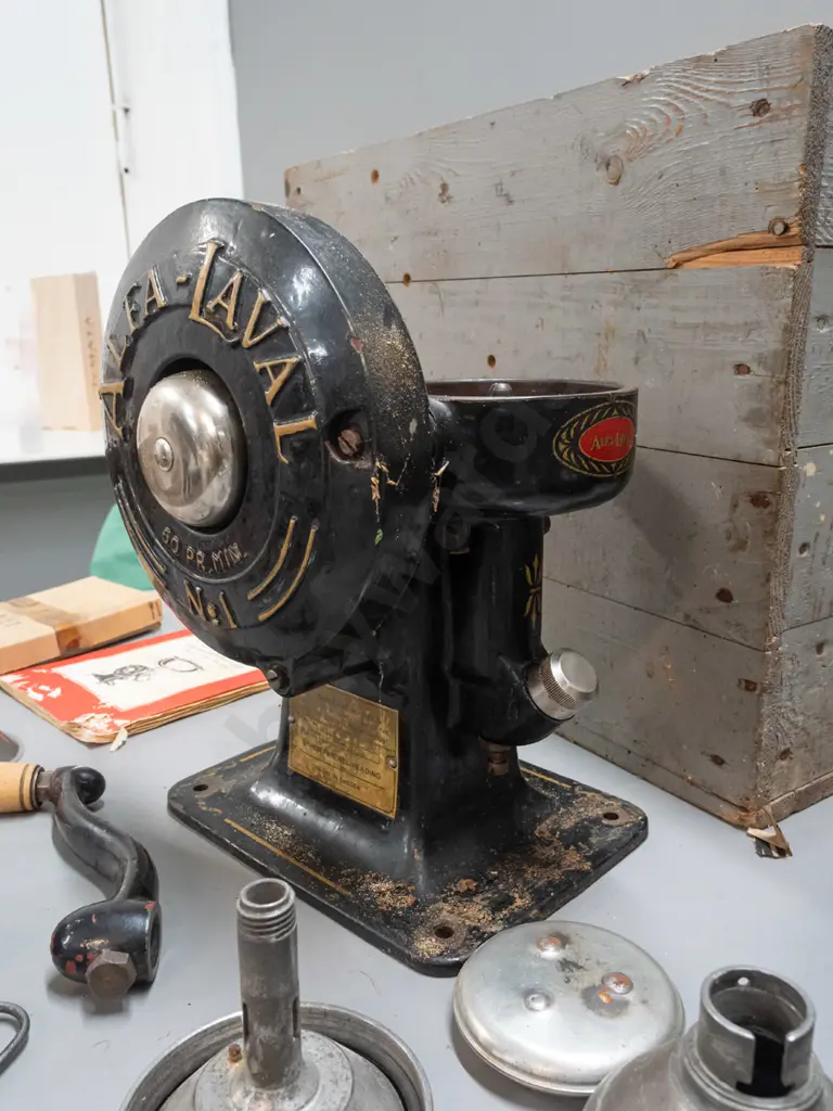 vintage Alfa-Laval cream separator setup in fiitted wooden crate, with assorted parts, instruction booklet, Crate with Image 1++
