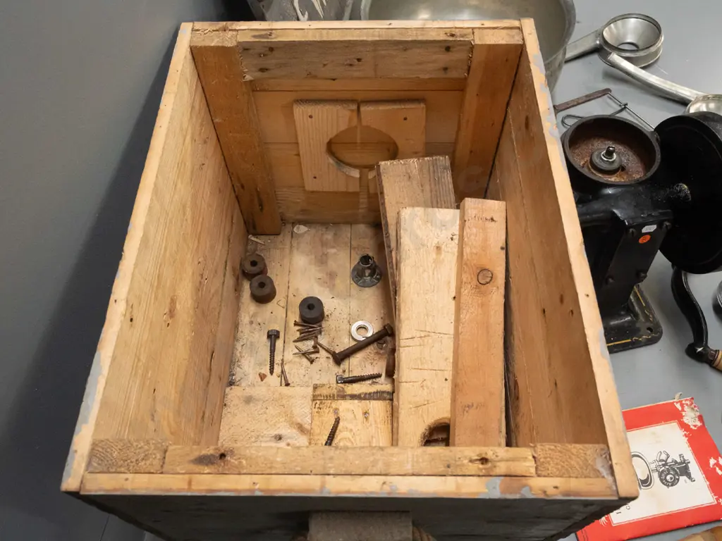 vintage Alfa-Laval cream separator setup in fiitted wooden crate, with assorted parts, instruction booklet, Crate with Image 1++
