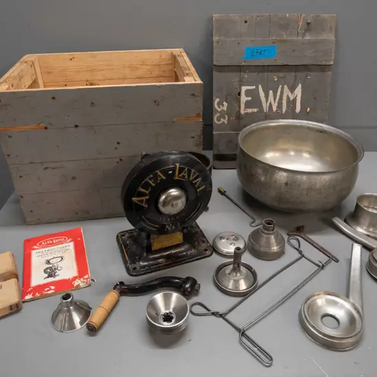vintage Alfa-Laval cream separator setup in fiitted wooden crate, with assorted parts, instruction booklet, Crate with