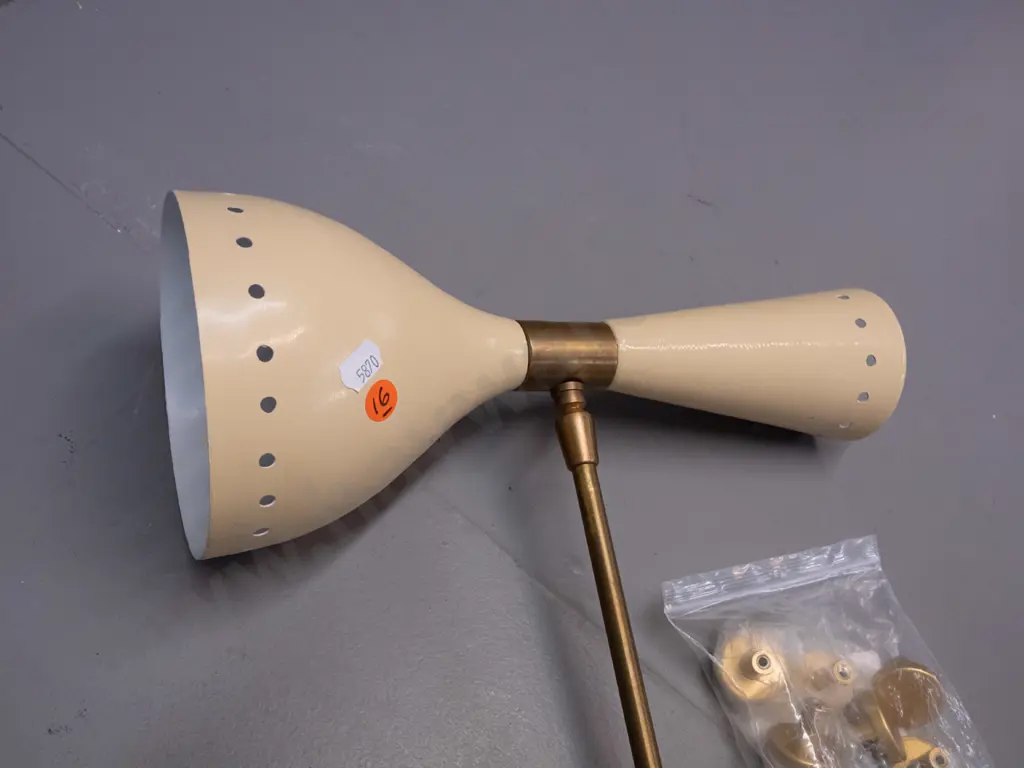 pair of reproduction mid-century style alloy wall-mount bedside lamps with adjustable angle arms, painted pierced shades Image 1++