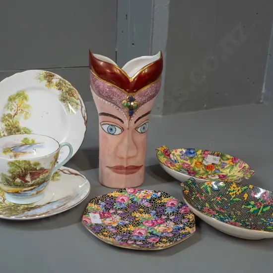 3 Royal Winton all-over-floral small dishes, a Shelley "Old Mill" trio & a hand painted vase marked Maureen Gresty H-190