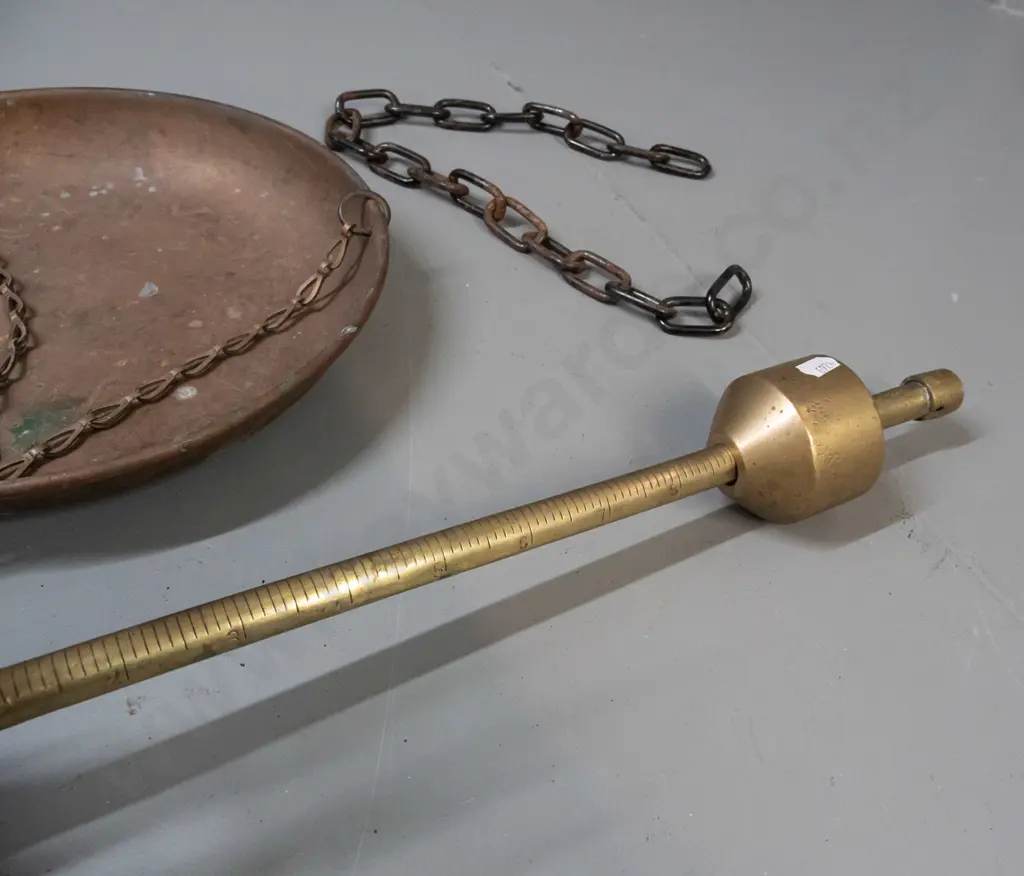 vintage hanging beam scale - brass with cast iron fittings, brass pan, marked Kekuatan and various other marks and Image 1++