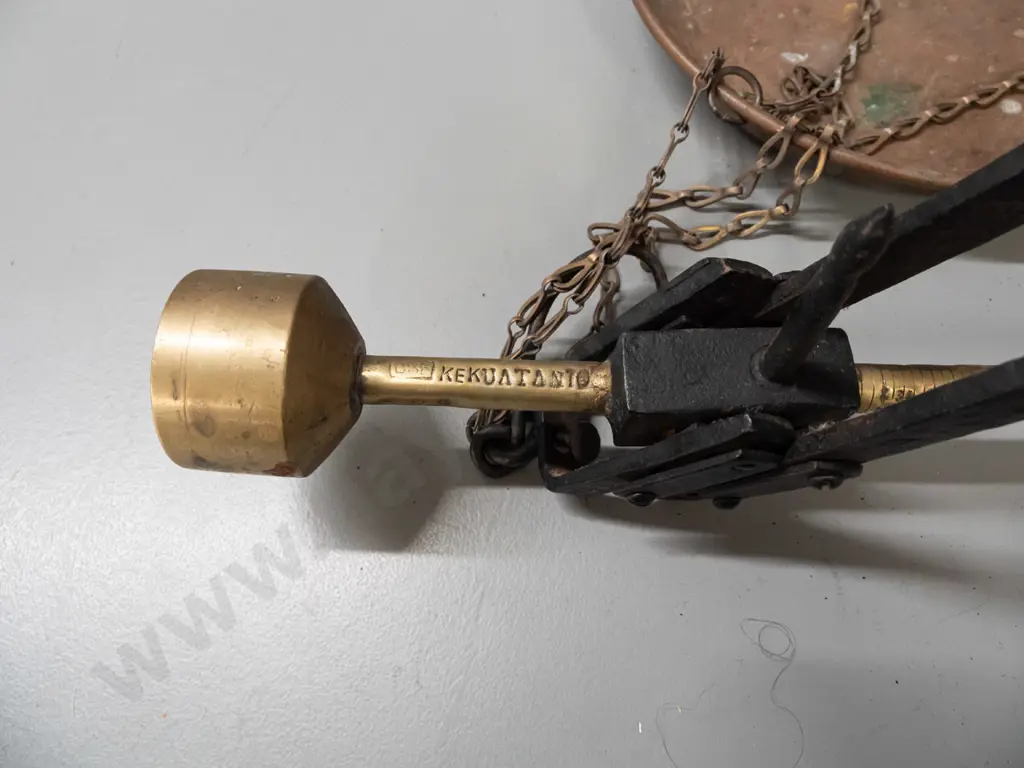 vintage hanging beam scale - brass with cast iron fittings, brass pan, marked Kekuatan and various other marks and Image 1++