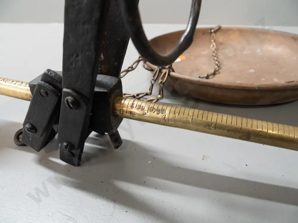 vintage hanging beam scale - brass with cast iron fittings, brass pan, marked Kekuatan and various other marks and Image 1++