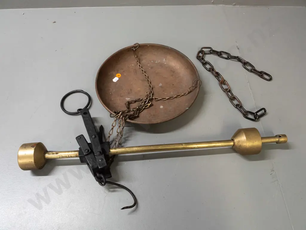 vintage hanging beam scale - brass with cast iron fittings, brass pan, marked Kekuatan and various other marks and Image 1++