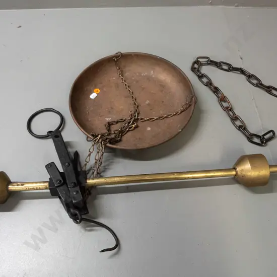 vintage hanging beam scale - brass with cast iron fittings, brass pan, marked Kekuatan and various other marks and