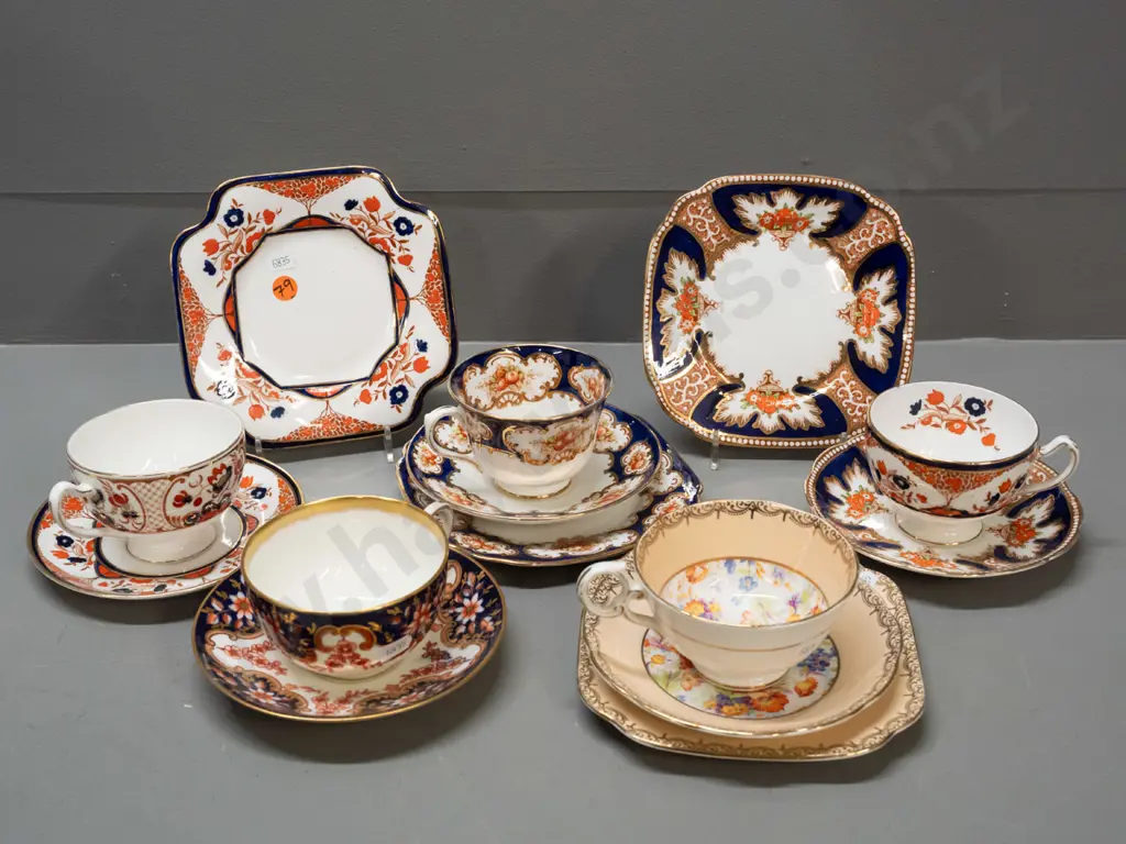 vintage tea ware - 4 trios - Royal Albert, Roslyn, 2 Grafton - and a Royal Doulton cup & saucer. Minor wear to gilt trim Image 1++