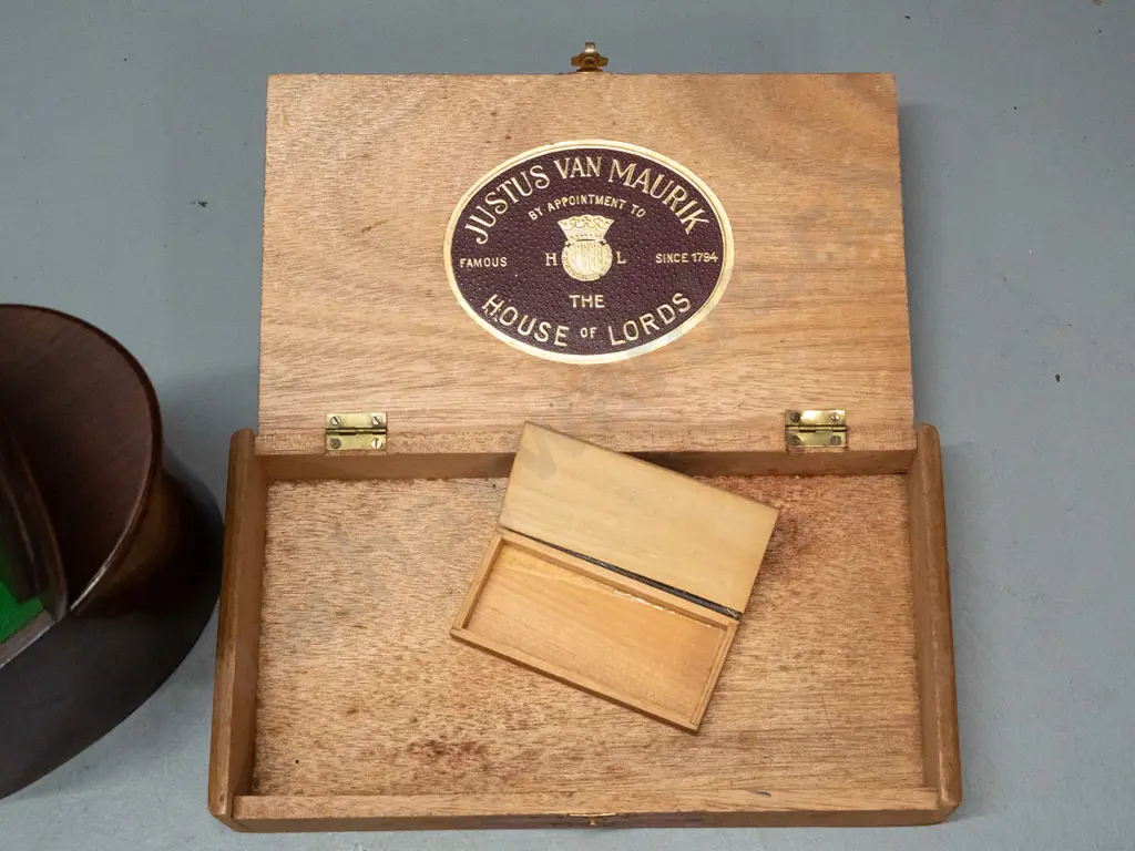 oval rosewood canister with hinged 2/3-lid, lined with green baize, and a cigar box with 1928 customs stamp, and a small Image 1++