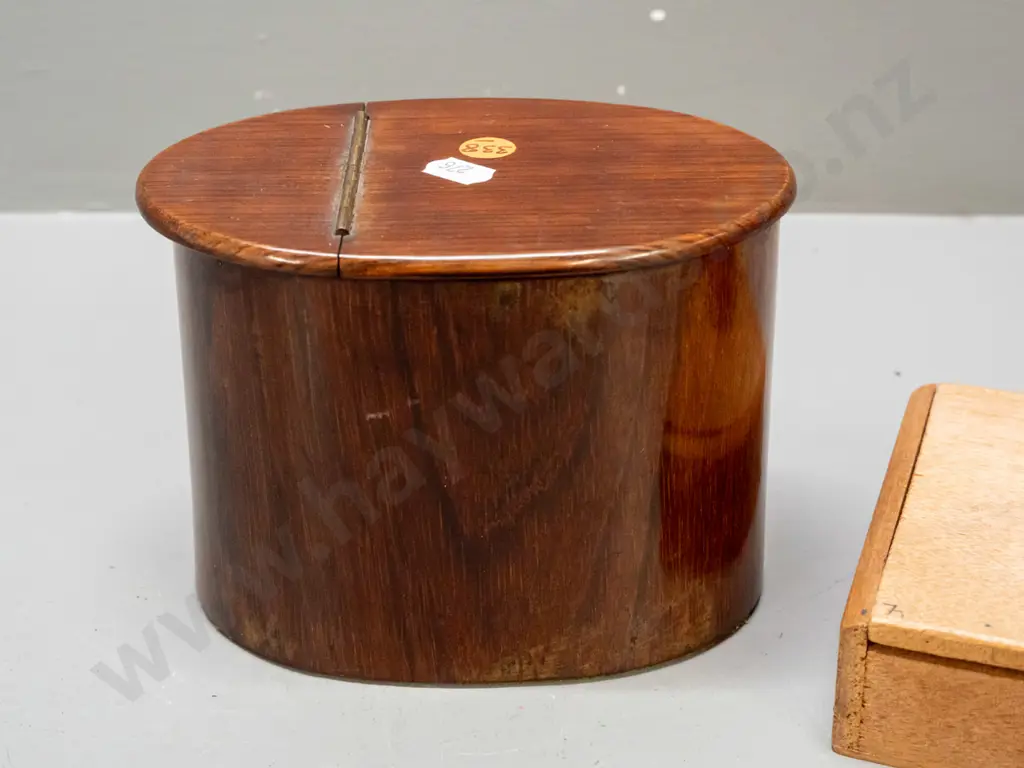 oval rosewood canister with hinged 2/3-lid, lined with green baize, and a cigar box with 1928 customs stamp, and a small Image 1++