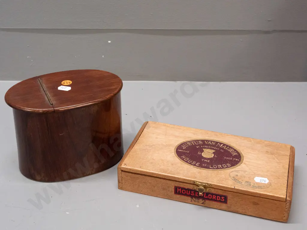 oval rosewood canister with hinged 2/3-lid, lined with green baize, and a cigar box with 1928 customs stamp, and a small Image 1++
