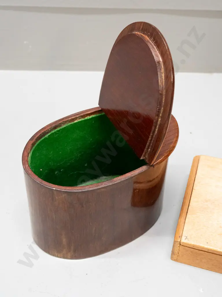 oval rosewood canister with hinged 2/3-lid, lined with green baize, and a cigar box with 1928 customs stamp, and a small Image 1++