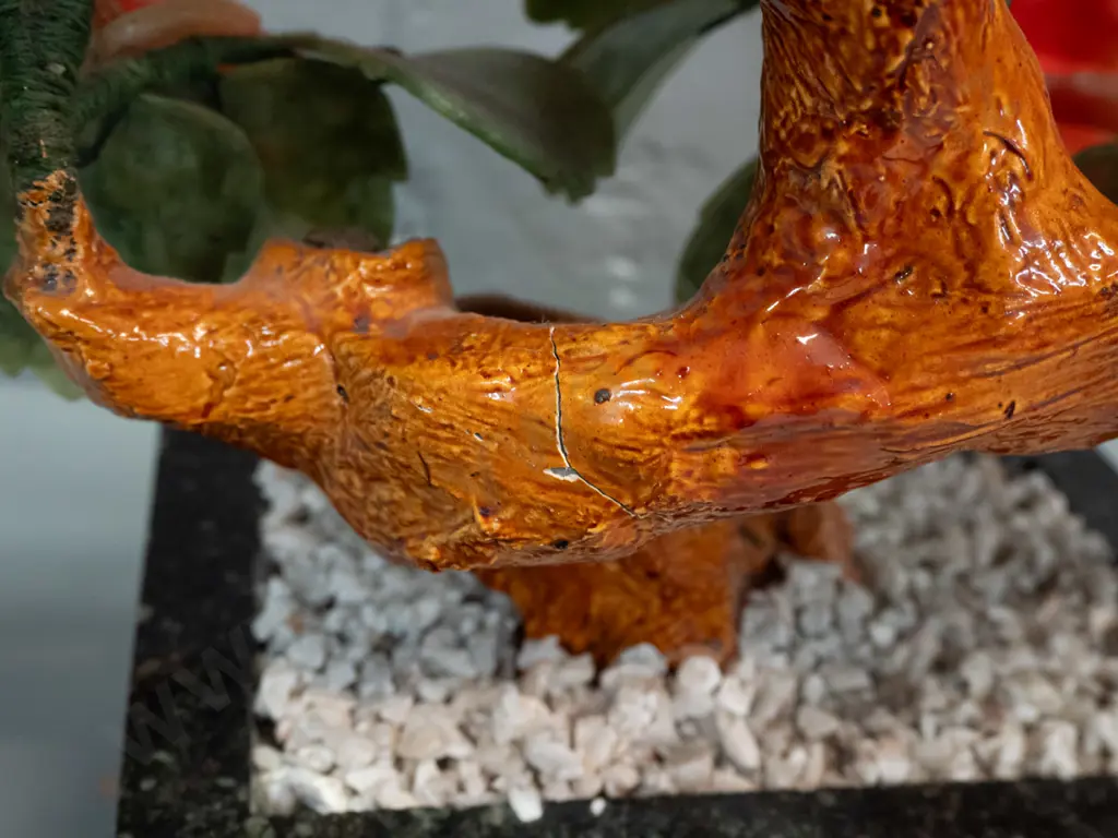 jade tree with pink flowers, carved stone petals and leaves, on ceramic trunk set in stone or composite base. Repaired Image 1++