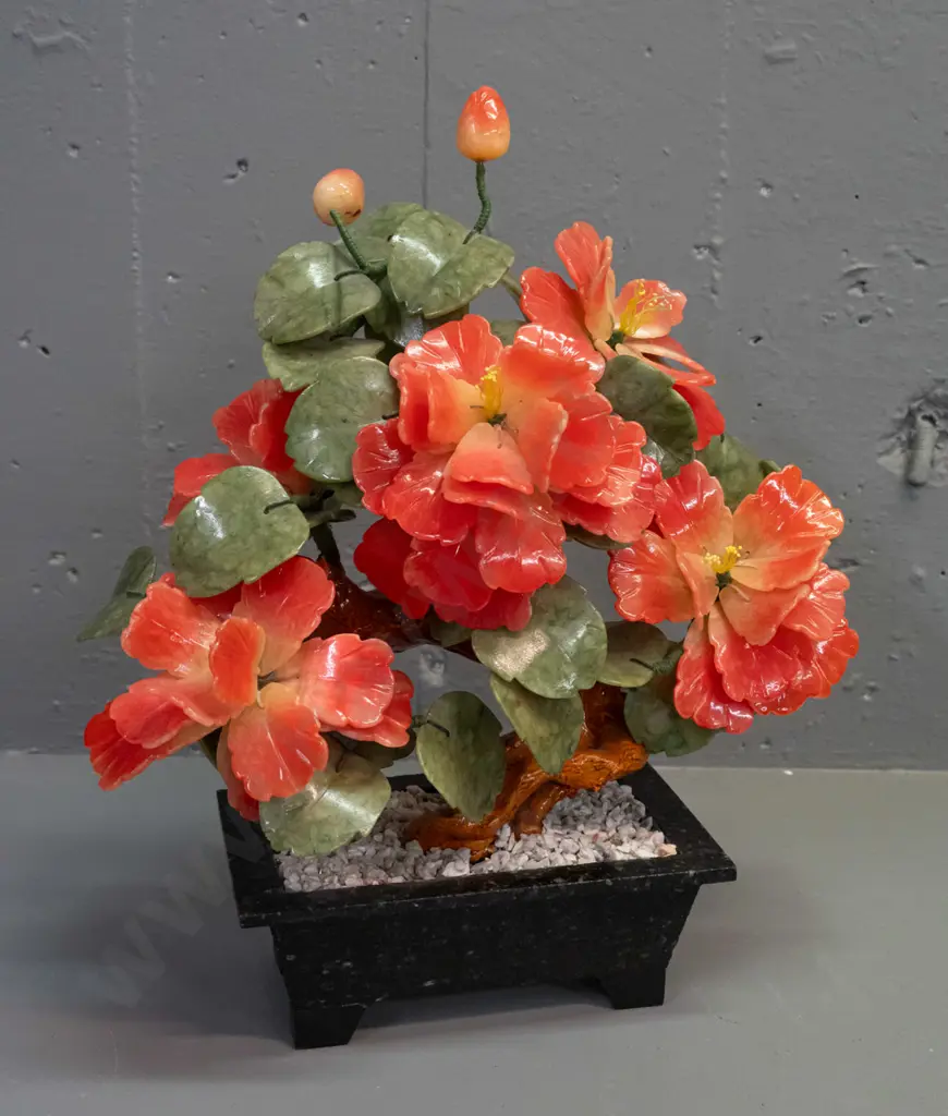 jade tree with pink flowers, carved stone petals and leaves, on ceramic trunk set in stone or composite base. Repaired Image 1++