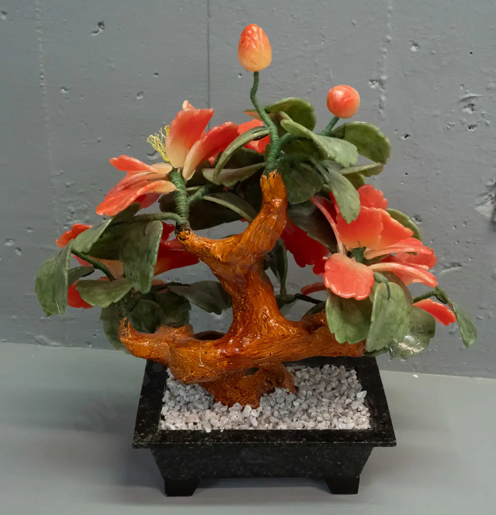jade tree with pink flowers, carved stone petals and leaves, on ceramic trunk set in stone or composite base. Repaired Image 1++