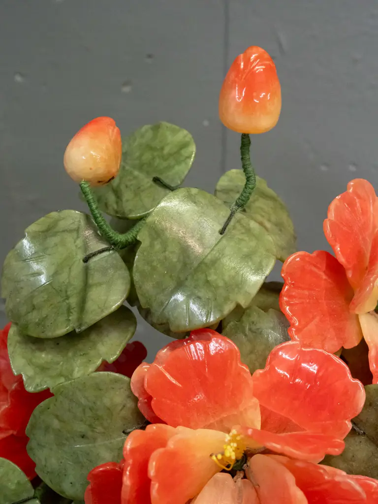 jade tree with pink flowers, carved stone petals and leaves, on ceramic trunk set in stone or composite base. Repaired Image 1++