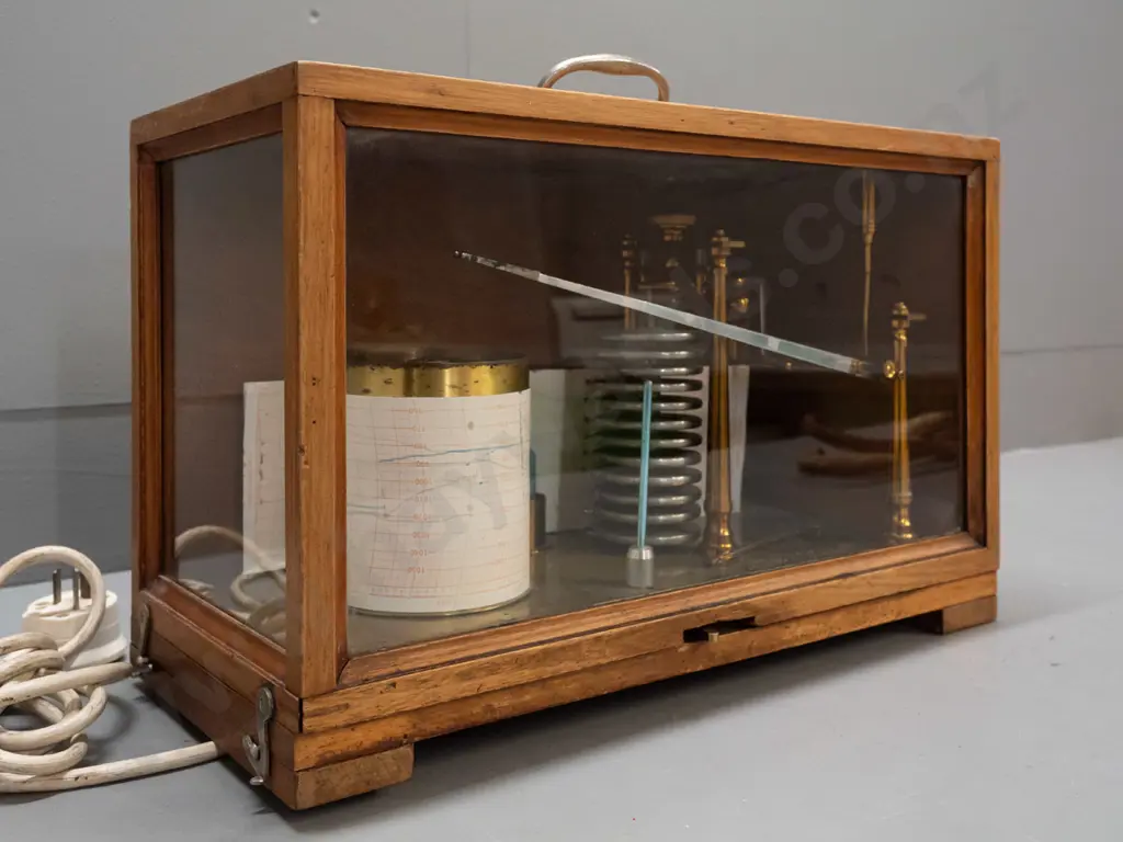 vintage Pastorelli & Rapkin Ltd. printing hygrometer in glazed mahogany case with side-hinged top, electrical cord for Image 1++